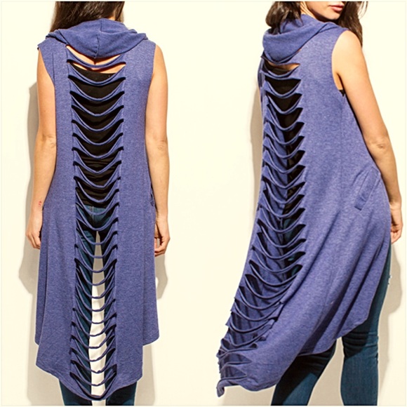 Distressed Hooded Cardi Vest Coverup O/S - Picture 3 of 5